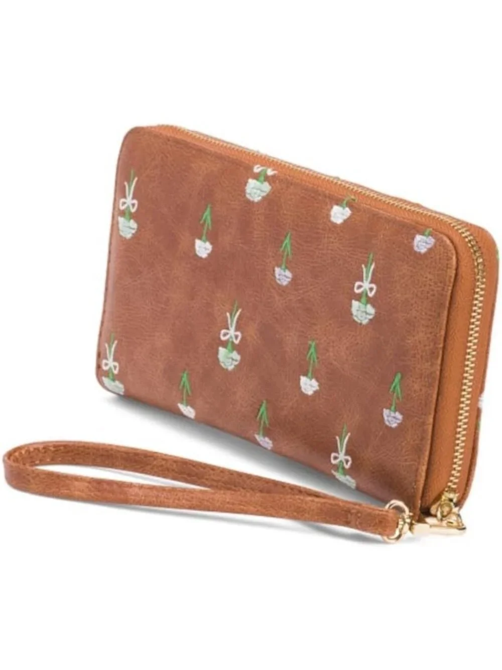 Floral Embroidered Zip Around Wallet with Wristlet Strap - Tan, 8.5x5 Inch